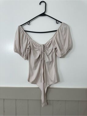 Le Lis Beige Puff Sleeve Ruched Tie-Front Bodysuit
